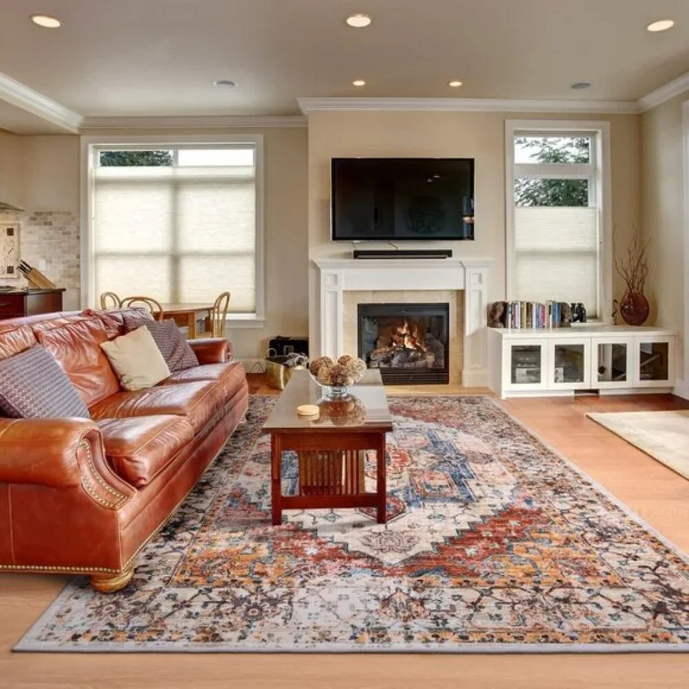 New 5x8 Orange Area Rug, Washable Low Pile Vintage Carpet for Room Decor